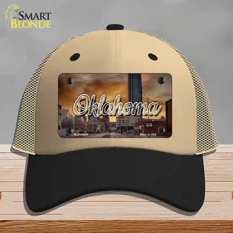 HAT02-MLP-11624 Oklahoma Sunset Skyline State Novelty License Plate Hat, Mesh - Khaki & Black