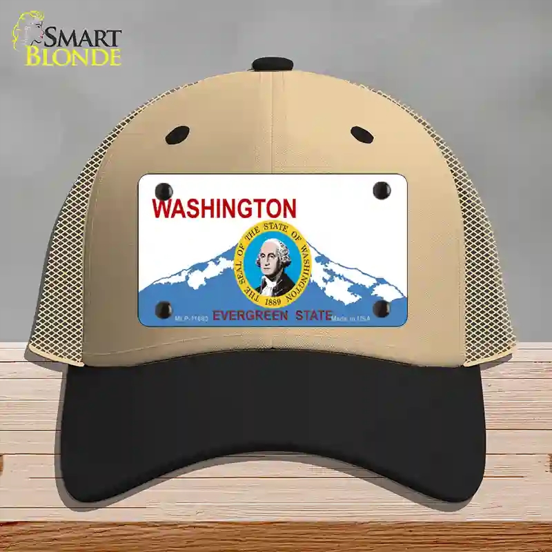 HAT02-MLP-11683 Washington Seal & State Novelty License Plate Hat, Mesh - Khaki & Black
