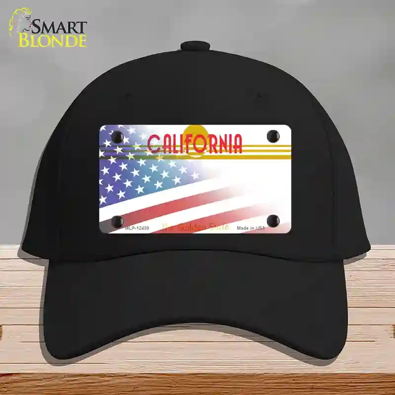 HAT03-MLP-12439 California Golden with American Flag Novelty License Plate Hat, Cotton - Black