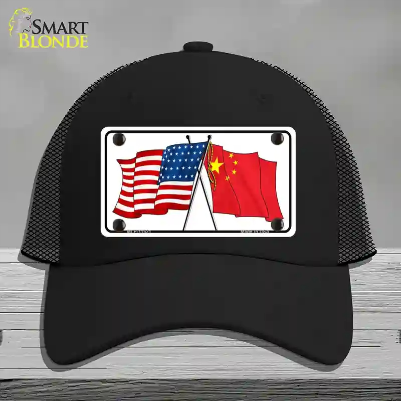 HAT01-MLP-11521 China Crossed US Flag Novelty License Plate Hat, Mesh - Black