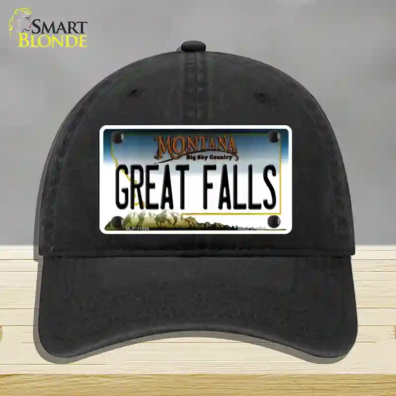 HAT07-MLP-11094 Great Falls Montana State Novelty License Plate Hat, Unconstructed Cotton - Black
