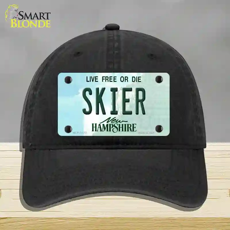 HAT07-MLP-11172 Skier   Hampshire State Novelty License Plate Hat, Unconstructed Cotton - Black