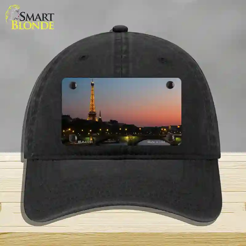 HAT07-MLP-11251 Eiffel Tower Night with River & Bridge Novelty License Plate Hat, Unconstructed Cotton - Black