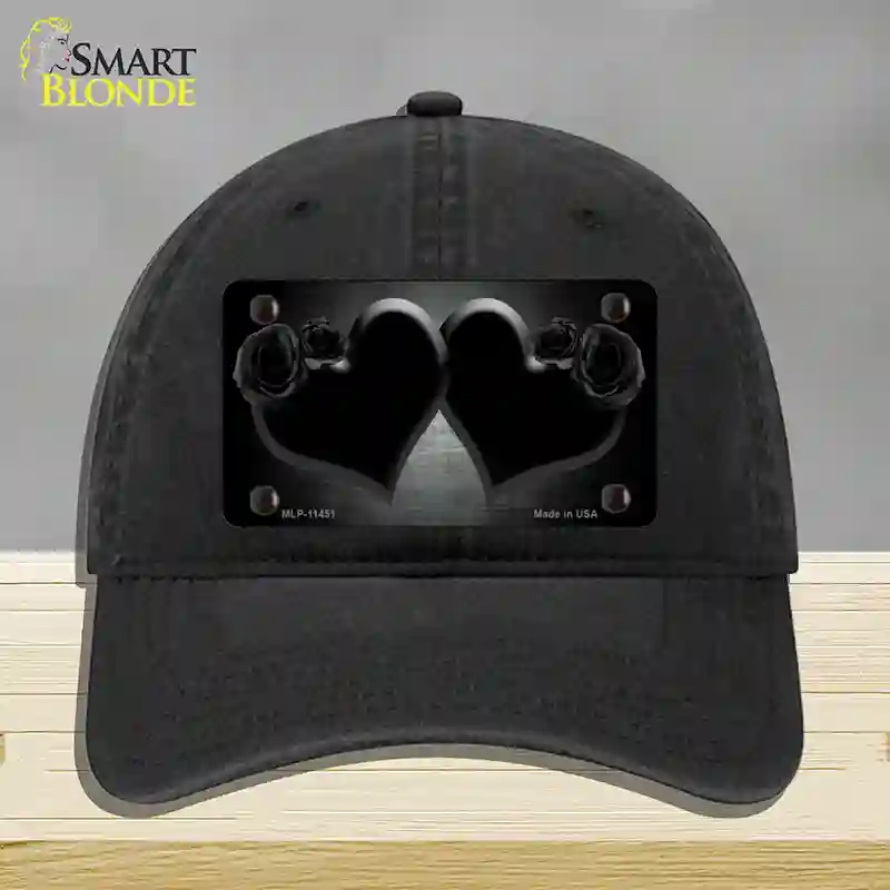 HAT07-MLP-11451 Hearts Over Roses in Black Novelty License Plate Hat, Unconstructed Cotton - Black