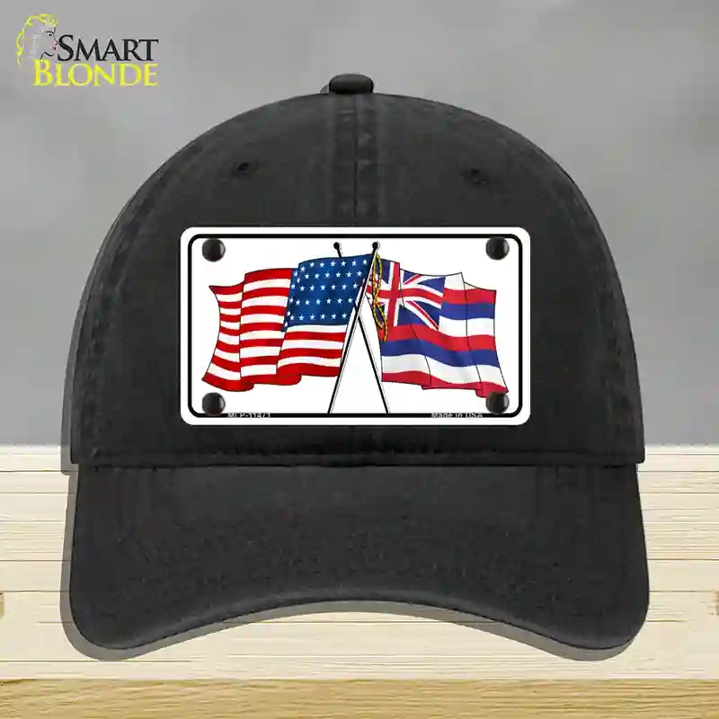 HAT07-MLP-11471 Hawaii Crossed US Flag Novelty License Plate Hat, Unconstructed Cotton - Black