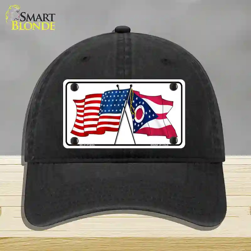 HAT07-MLP-11495 Ohio Crossed US Flag Novelty License Plate Hat, Unconstructed Cotton - Black