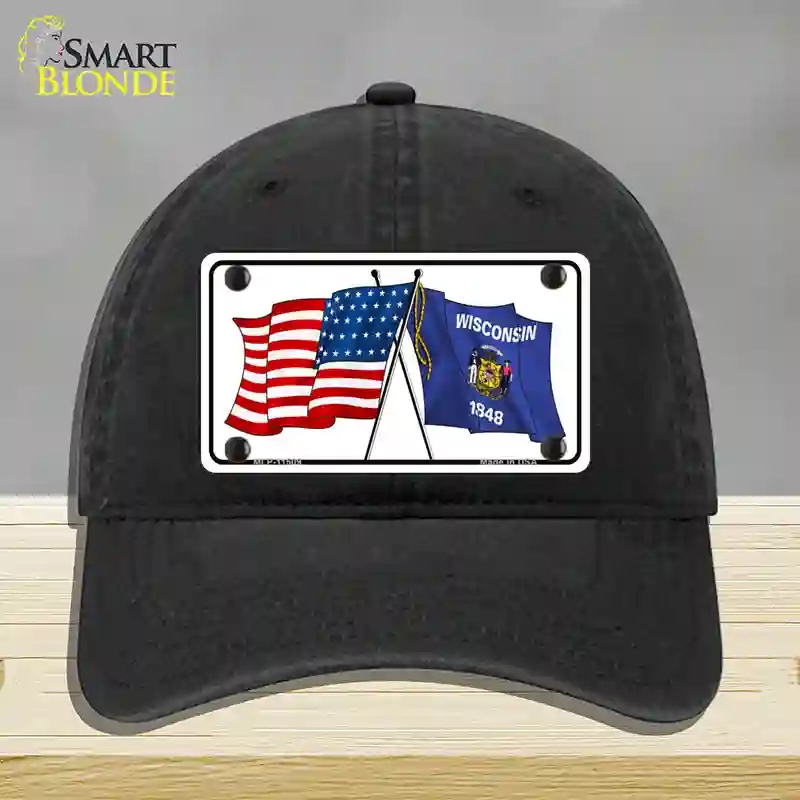 HAT07-MLP-11509 Wisconsin Crossed US Flag Novelty License Plate Hat, Unconstructed Cotton - Black