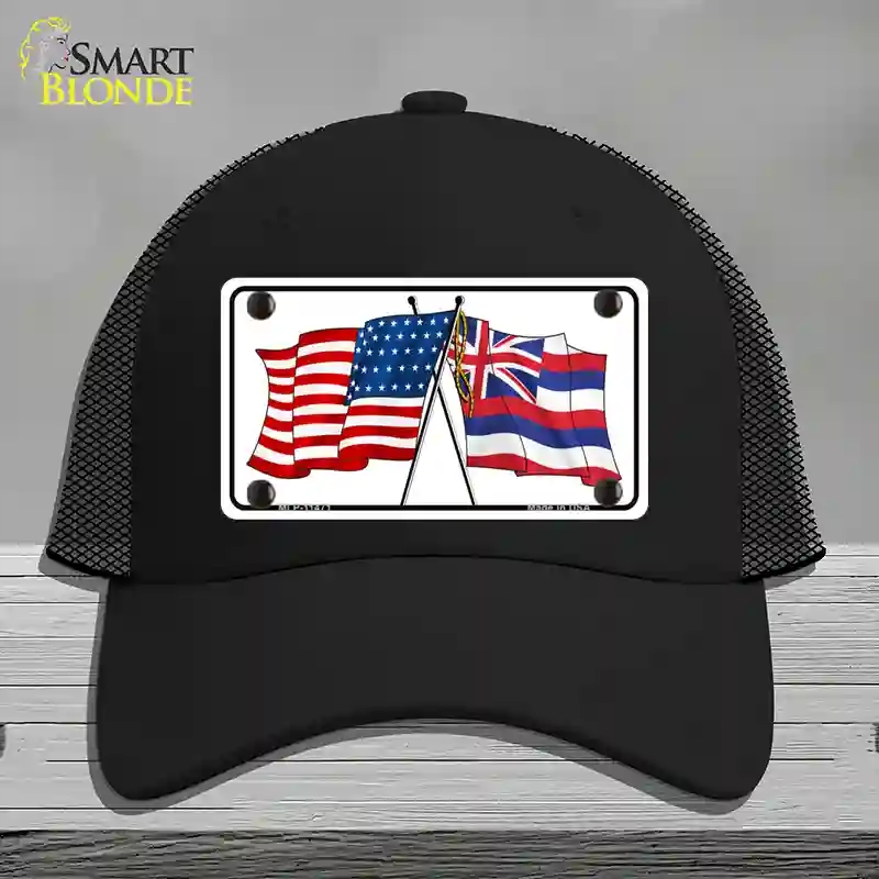 HAT01-MLP-11471 Hawaii Crossed US Flag Novelty License Plate Hat, Mesh - Black