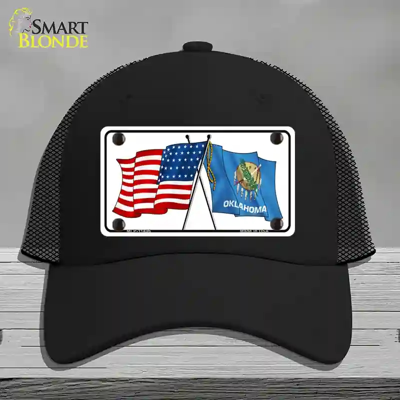 HAT01-MLP-11496 Oklahoma Crossed US Flag Novelty License Plate Hat, Mesh - Black
