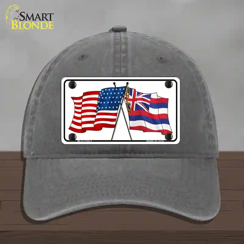 HAT08-MLP-11471 Hawaii Crossed US Flag Novelty License Plate Hat, Unconstructed Cotton - Charcoal