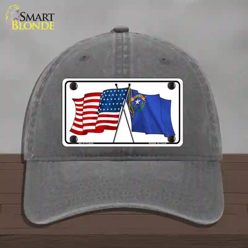 HAT08-MLP-11488 Nevada Crossed US Flag Novelty License Plate Hat, Unconstructed Cotton - Charcoal