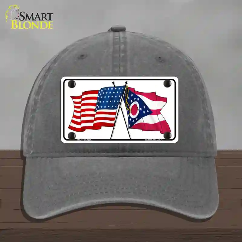HAT08-MLP-11495 Ohio Crossed US Flag Novelty License Plate Hat, Unconstructed Cotton - Charcoal