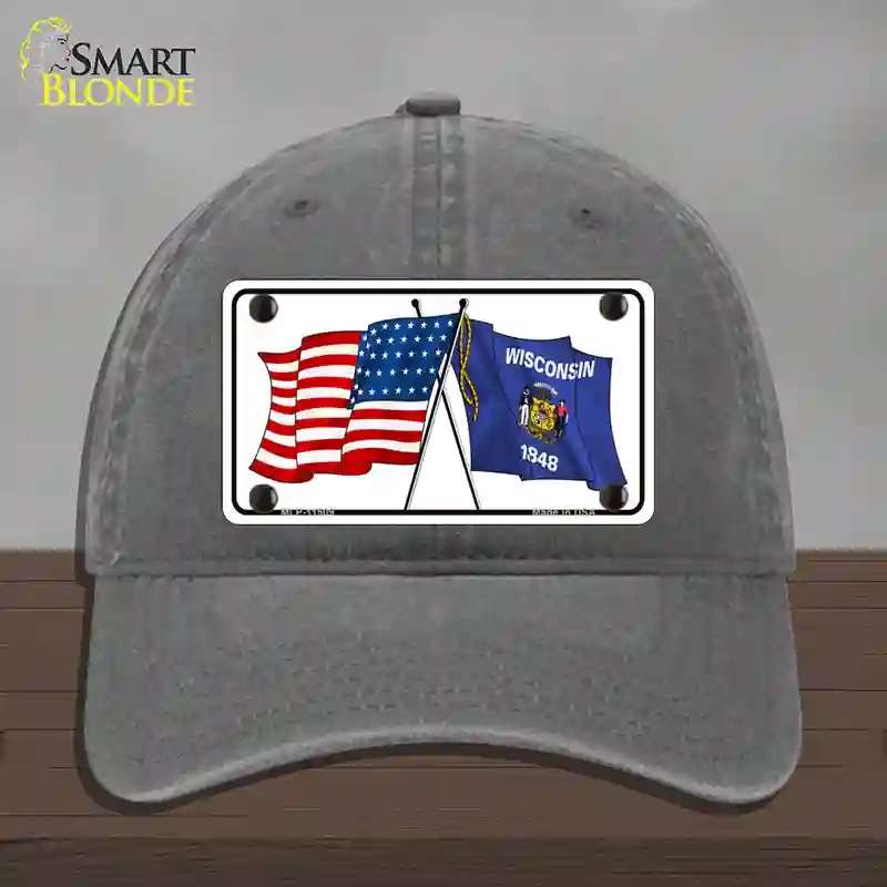 HAT08-MLP-11509 Wisconsin Crossed US Flag Novelty License Plate Hat, Unconstructed Cotton - Charcoal