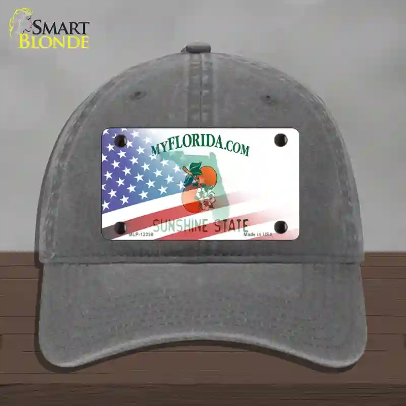 HAT08-MLP-12338 Florida with American Flag Novelty License Plate Hat, Unconstructed Cotton - Charcoal