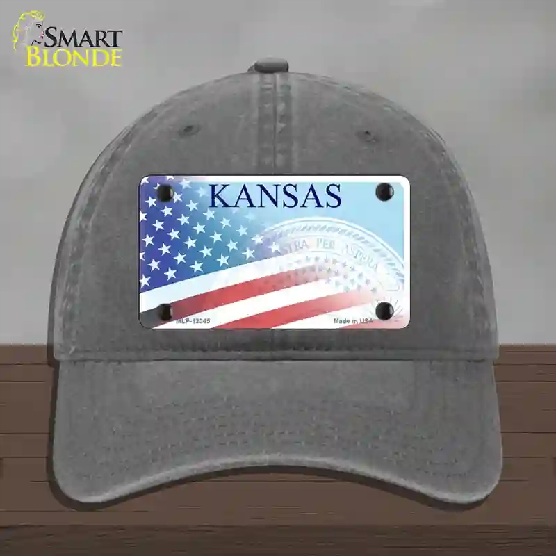 HAT08-MLP-12345 Kansas with American Flag Novelty License Plate Hat, Unconstructed Cotton - Charcoal