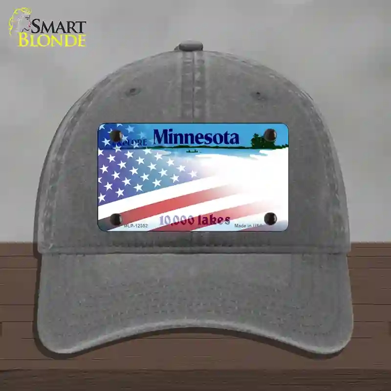 HAT08-MLP-12352 Minnesota with American Flag Novelty License Plate Hat, Unconstructed Cotton - Charcoal