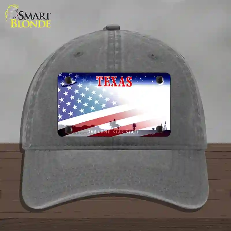 HAT08-MLP-12372 Texas with American Flag Novelty License Plate Hat, Unconstructed Cotton - Charcoal