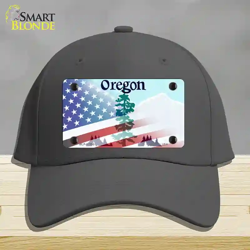 HAT04-MLP-12366 Oregon with American Flag Novelty License Plate Hat, Cotton - Charcoal