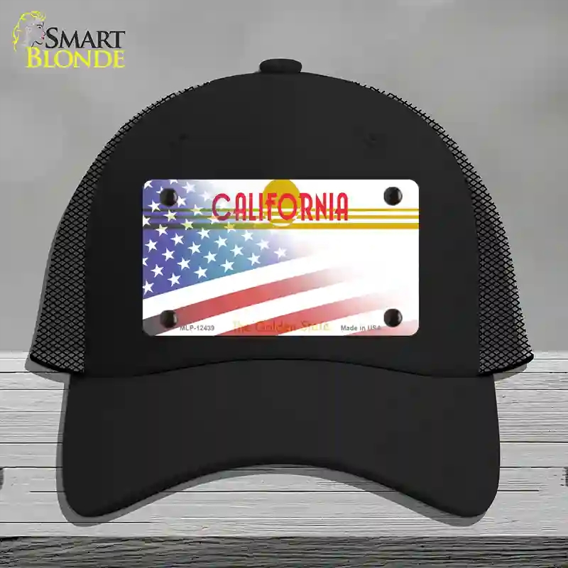 HAT01-MLP-12439 California Golden with American Flag Novelty License Plate Hat, Mesh - Black