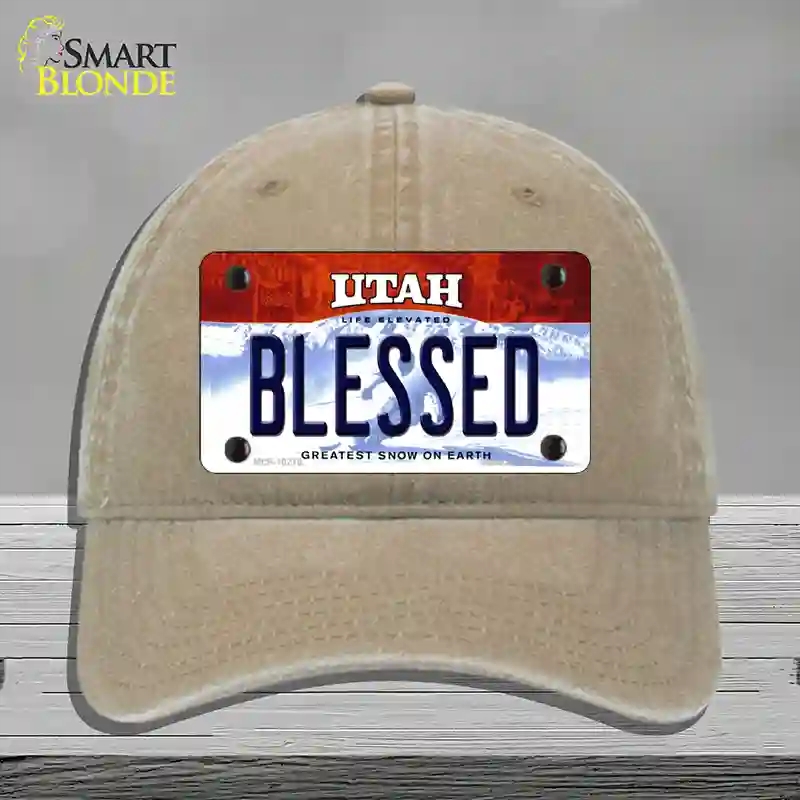 HAT09-MLP-10219 Blessed Utah Novelty License Plate Hat, Unconstructed Cotton - Khaki