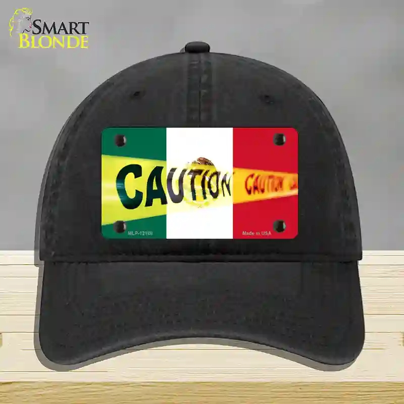 HAT07-MLP-12188 Caution Mexico Flag Novelty License Plate Hat, Unconstructed Cotton - Black