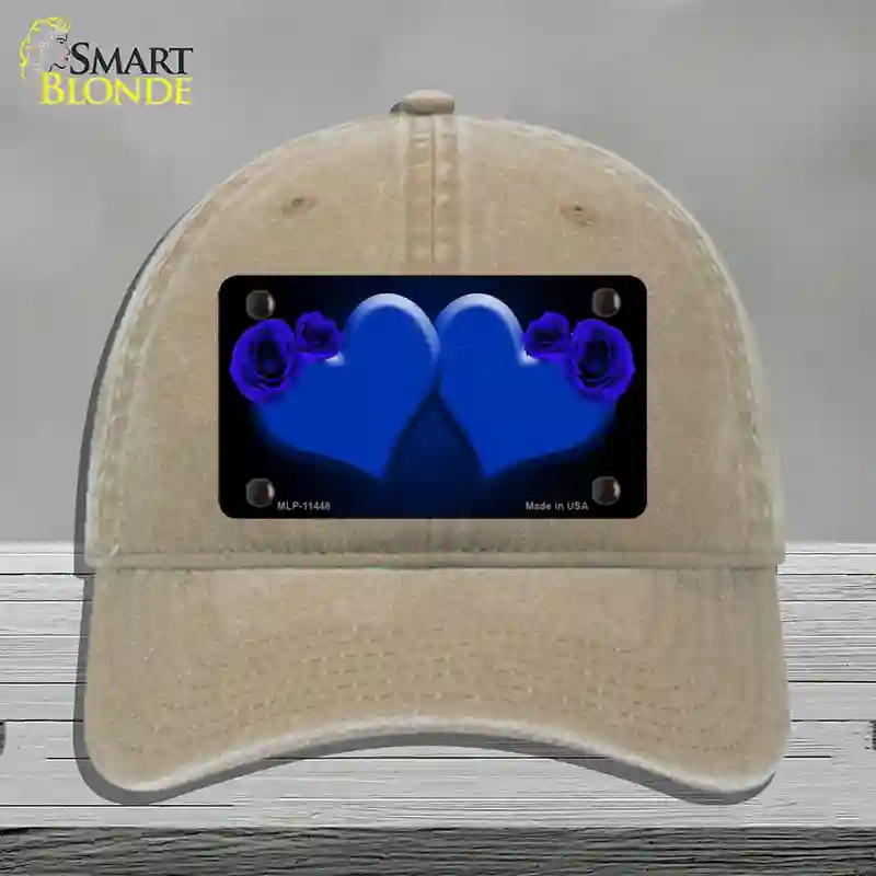 HAT09-MLP-11448 Hearts Over Roses in Blue Novelty License Plate Hat, Unconstructed Cotton - Khaki