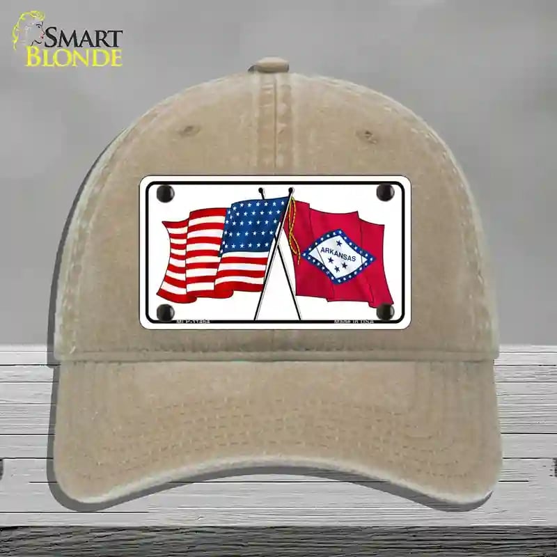 HAT09-MLP-11464 Arkansas Crossed US Flag Novelty License Plate Hat, Unconstructed Cotton - Khaki