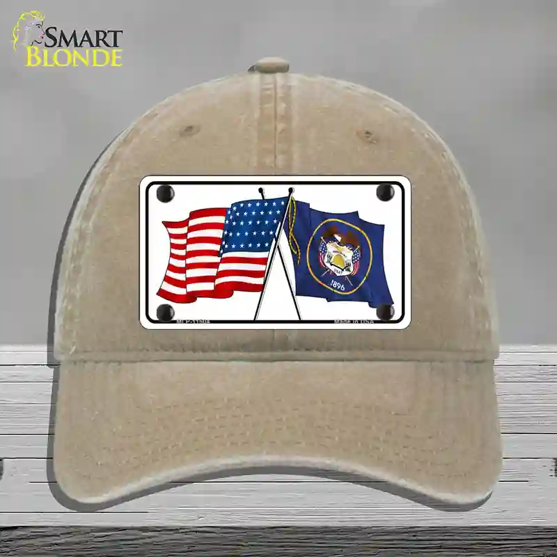 HAT09-MLP-11504 Utah Crossed US Flag Novelty License Plate Hat, Unconstructed Cotton - Khaki
