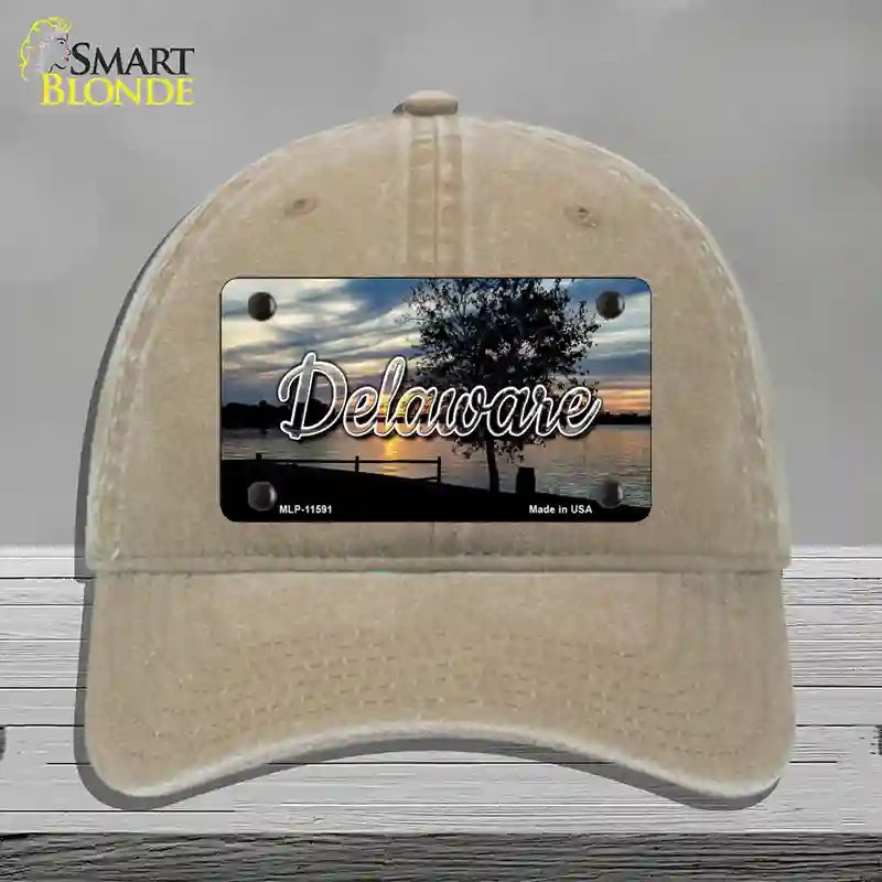 HAT09-MLP-11591 Delaware River Sunset State Novelty License Plate Hat, Unconstructed Cotton - Khaki