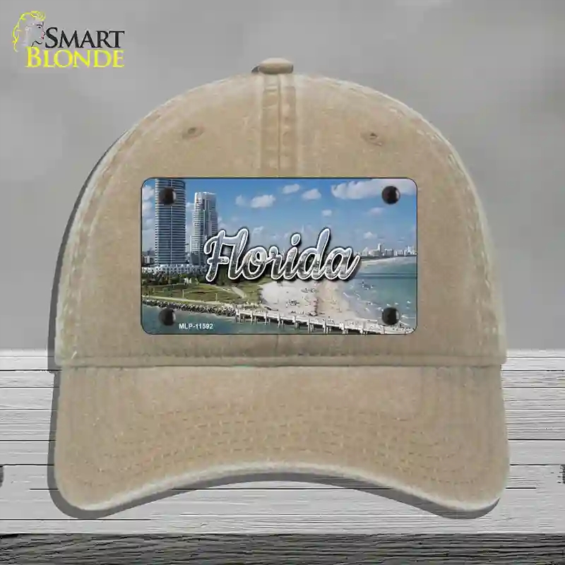 HAT09-MLP-11592 Florida White Sand Beach State Novelty License Plate Hat, Unconstructed Cotton - Khaki
