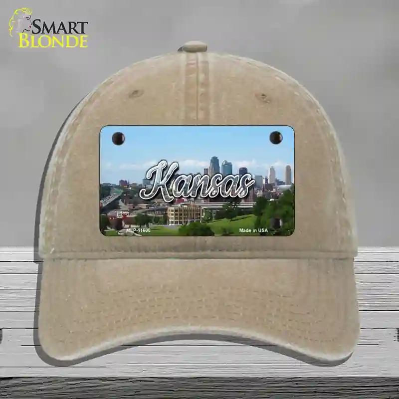 HAT09-MLP-11600 Kansas Downtown Skyline State Novelty License Plate Hat, Unconstructed Cotton - Khaki