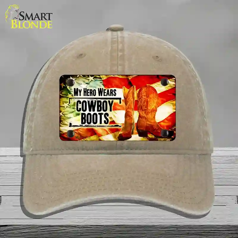 HAT09-MLP-11771 My Hero Wears Cowboy Boots Novelty License Plate Hat, Unconstructed Cotton - Khaki