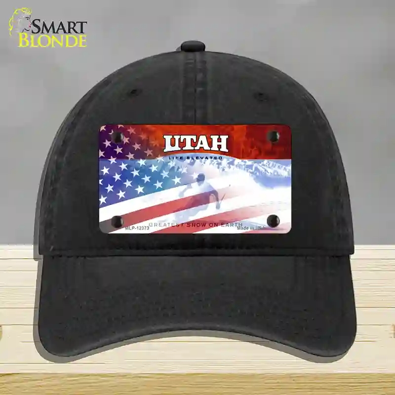 HAT07-MLP-12373 Utah with American Flag Novelty License Plate Hat, Unconstructed Cotton - Black