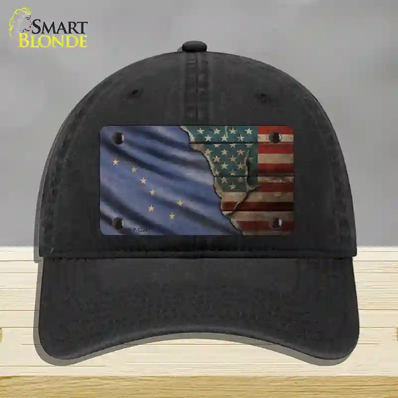 HAT07-MLP-12381 Alaska & American Flag Novelty License Plate Hat, Unconstructed Cotton - Black