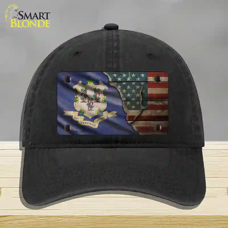 HAT07-MLP-12386 Connecticut & American Flag Novelty License Plate Hat, Unconstructed Cotton - Black