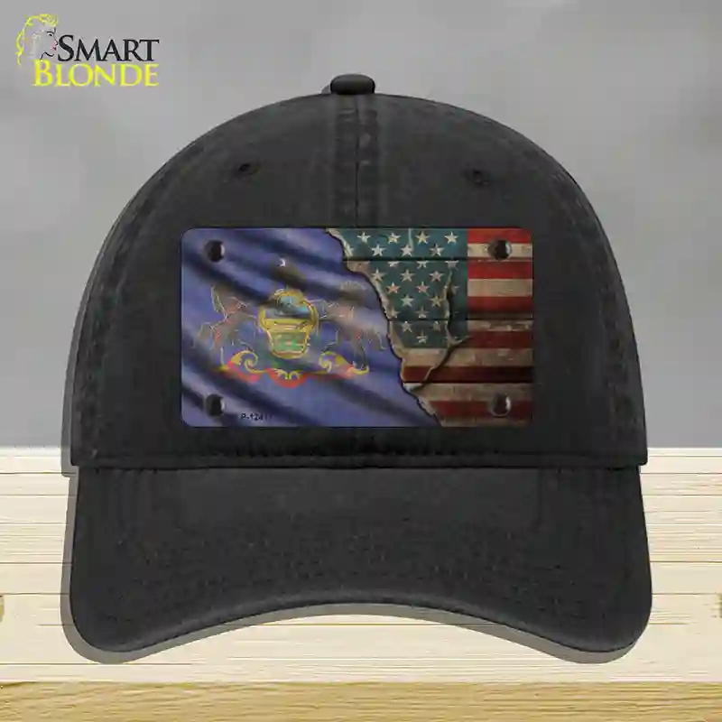 HAT07-MLP-12417 Pennsylvania & American Flag Novelty License Plate Hat, Unconstructed Cotton - Black