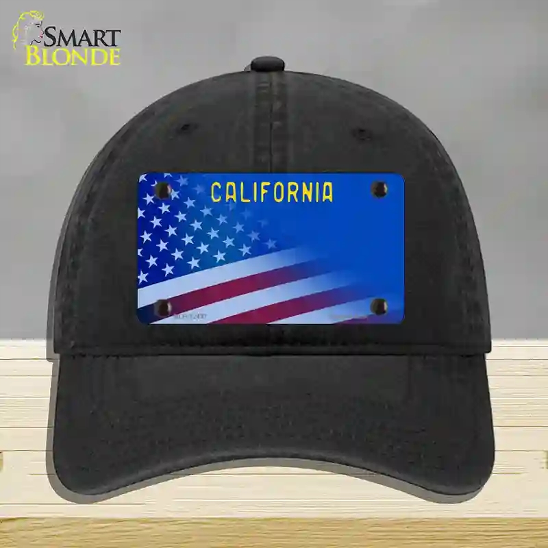 HAT07-MLP-12437 California with Blue Novelty License Plate Hat, Unconstructed Cotton - Black