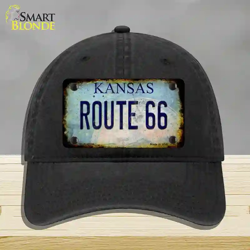HAT07-MLP-12506 Route 66 Kansas Rusty Novelty License Plate Hat, Unconstructed Cotton - Black