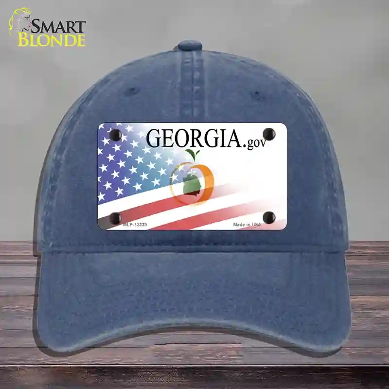 HAT11-MLP-12339 Georgia with American Flag Novelty License Plate Hat, Unconstructed Cotton - Navy