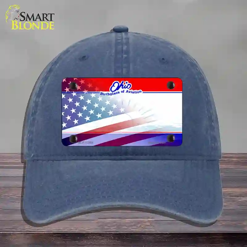 HAT11-MLP-12364 Ohio with American Flag Novelty License Plate Hat, Unconstructed Cotton - Navy
