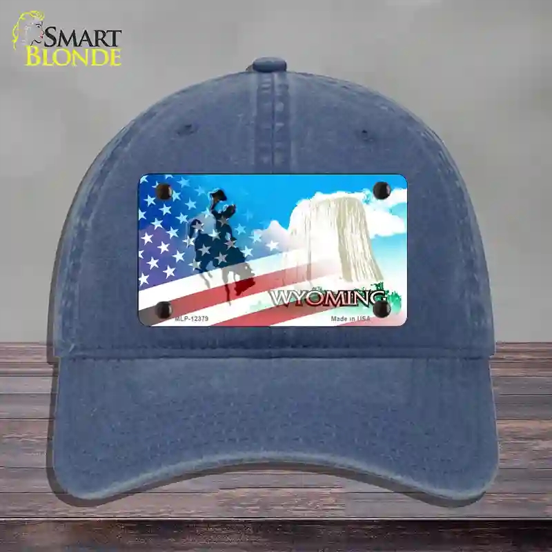 HAT11-MLP-12379 Wyoming with American Flag Novelty License Plate Hat, Unconstructed Cotton - Navy