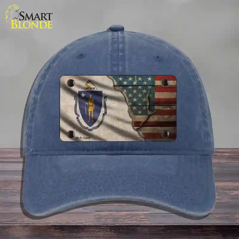 HAT11-MLP-12400 Massachusetts & American Flag Novelty License Plate Hat, Unconstructed Cotton - Navy