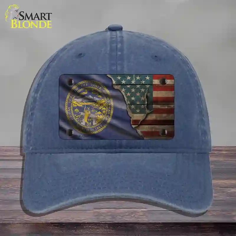 HAT11-MLP-12406 Nebraska & American Flag Novelty License Plate Hat, Unconstructed Cotton - Navy