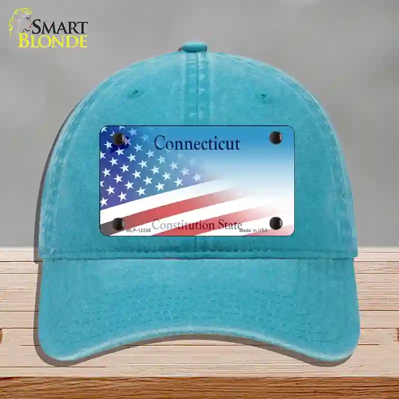 HAT10-MLP-12336 Connecticut with American Flag Novelty License Plate Hat, Unconstructed Cotton - Lake Blue