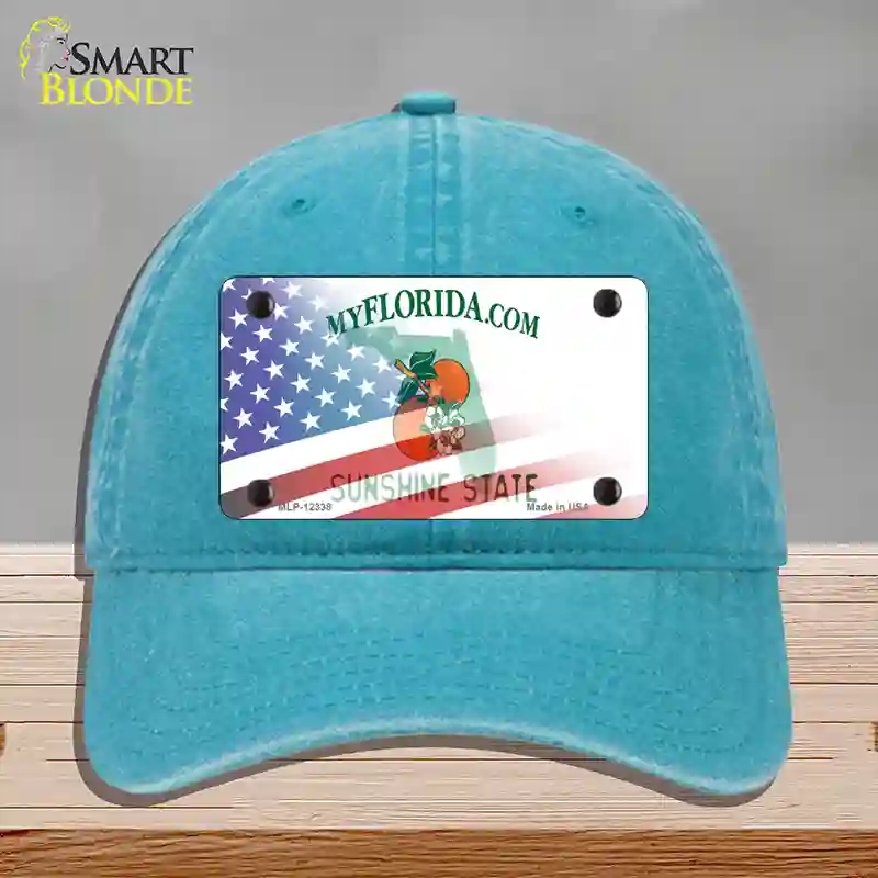 HAT10-MLP-12338 Florida with American Flag Novelty License Plate Hat, Unconstructed Cotton - Lake Blue