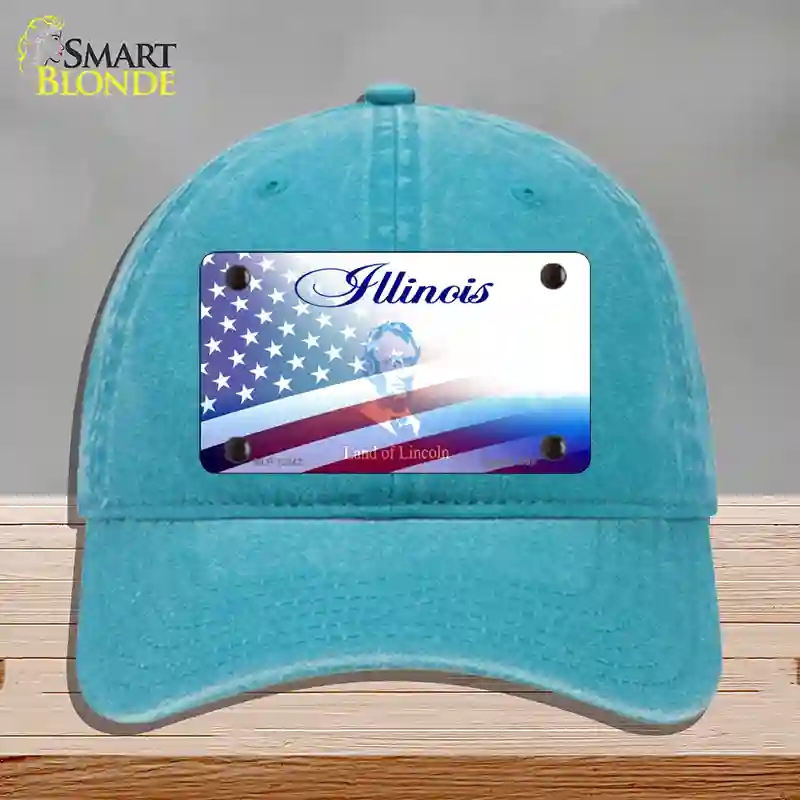 HAT10-MLP-12342 Illinois with American Flag Novelty License Plate Hat, Unconstructed Cotton - Lake Blue