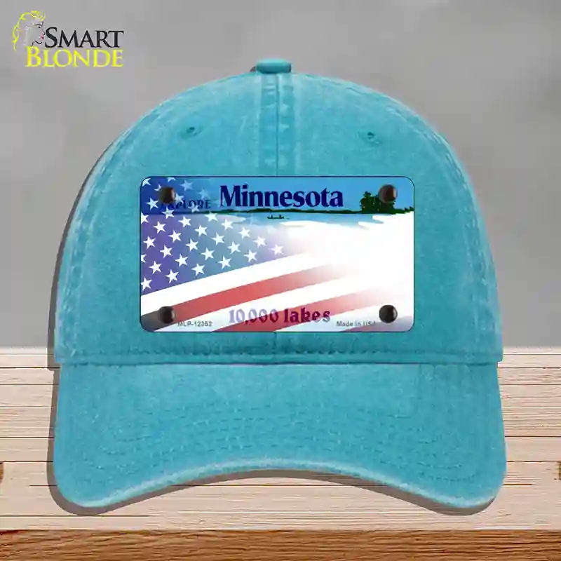 HAT10-MLP-12352 Minnesota with American Flag Novelty License Plate Hat, Unconstructed Cotton - Lake Blue