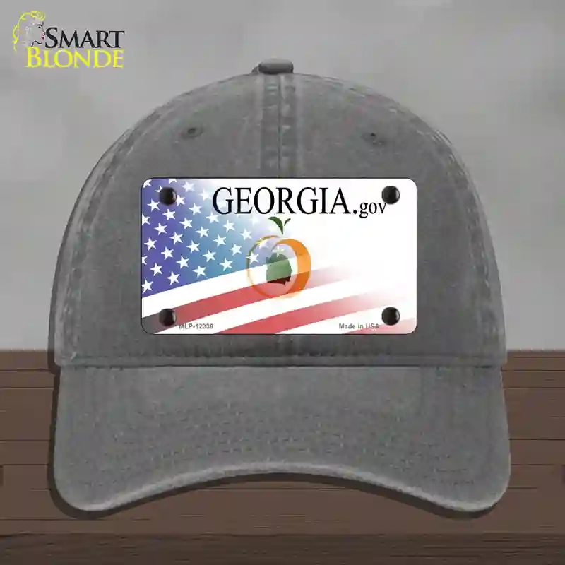 HAT08-MLP-12339 Georgia with American Flag Novelty License Plate Hat, Unconstructed Cotton - Charcoal