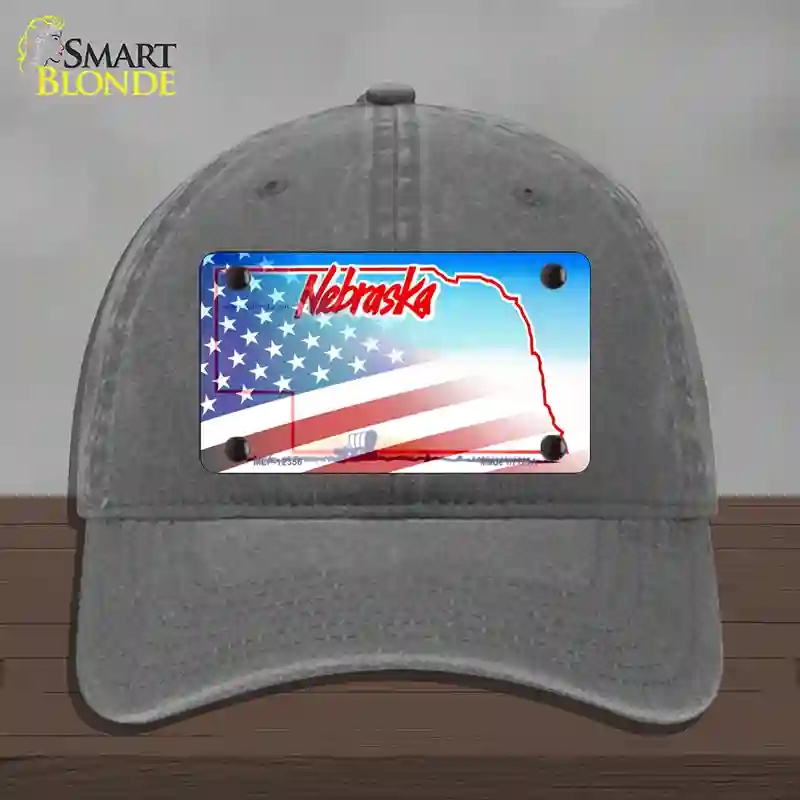 HAT08-MLP-12356 Nebraska with American Flag Novelty License Plate Hat, Unconstructed Cotton - Charcoal