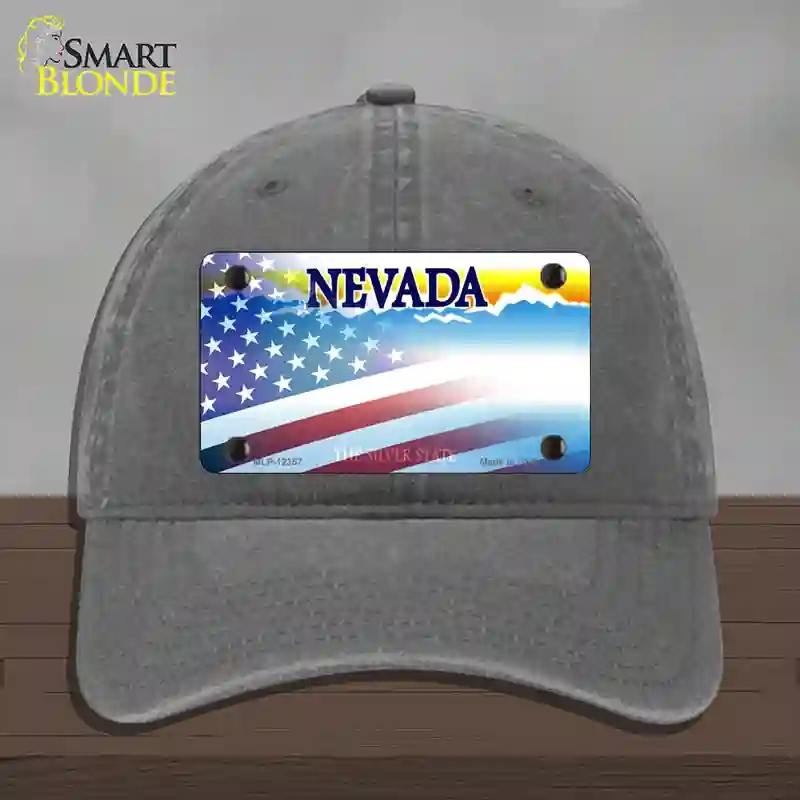 HAT08-MLP-12357 Nevada with American Flag Novelty License Plate Hat, Unconstructed Cotton - Charcoal